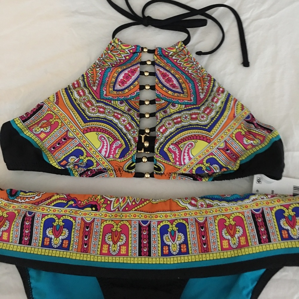 NWT Trina Turk Bikini Set Black Gold Red Purple - Picture 2 of 8
